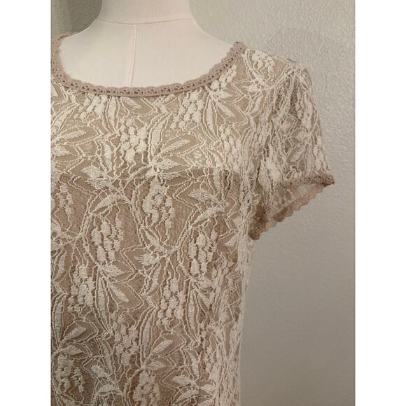 SUNDANCE Dress | Ivory Lace Sweetheart Midi Lined Short Sleeve Romantic | LARGE - Picture 4 of 9